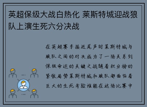 英超保级大战白热化 莱斯特城迎战狼队上演生死六分决战